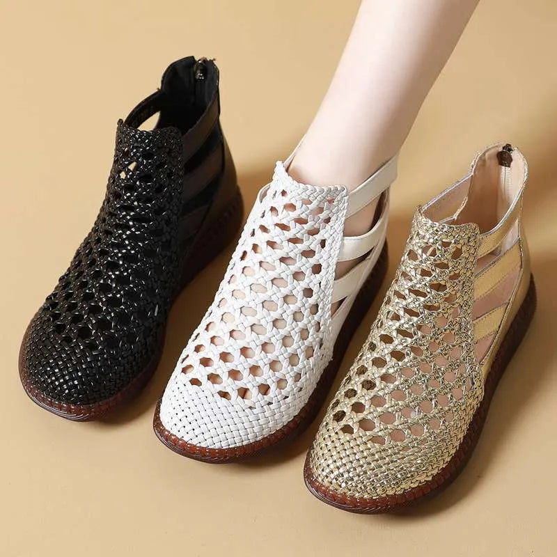 Women's gold and white flat slip-on sandals with round toe and soft TPR soles
