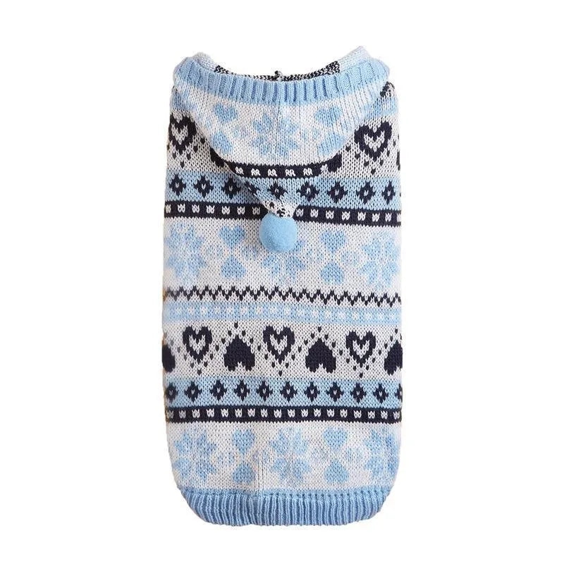 Knitted acrylic dog sweater with striped camouflage pattern in pink, blue, or grey for small breeds