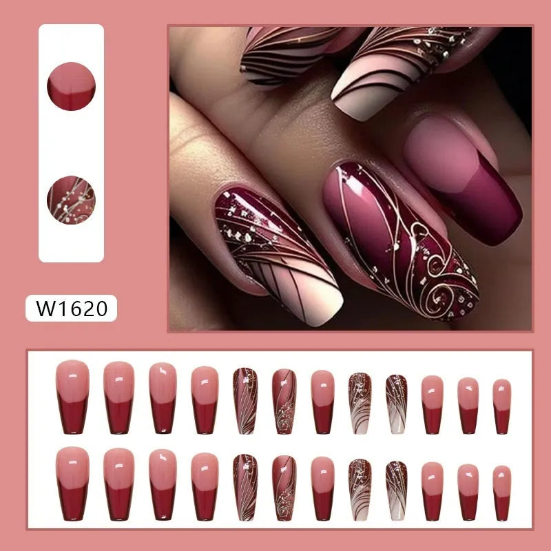French line patterned removable nail sticker patches and glue tube on white background.