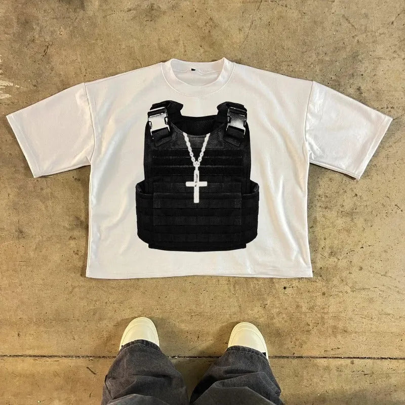 A man's printed short-sleeve cotton T-shirt in a retro street style with a drop-shoulder design.