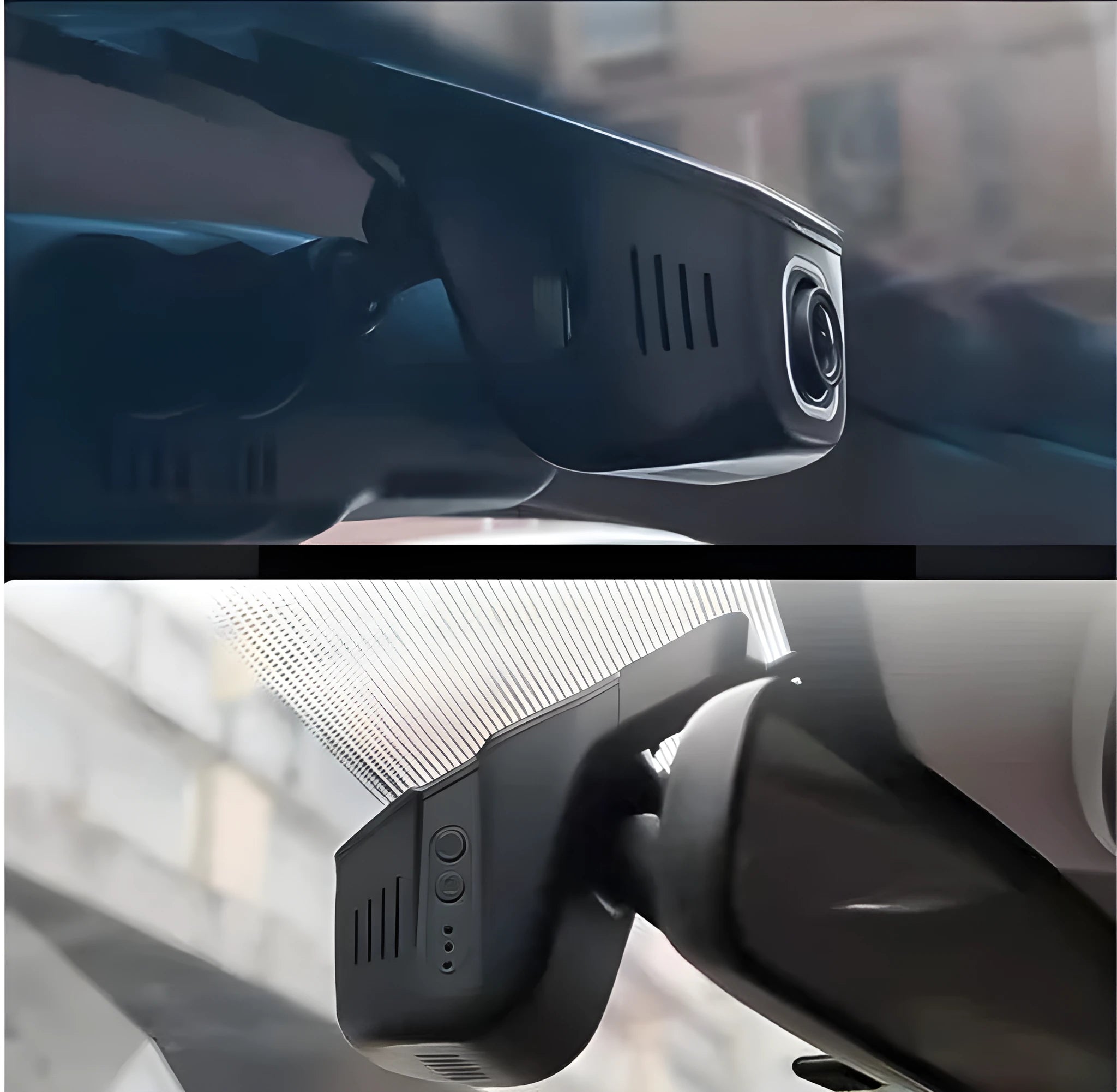 V4 WiFi driving recorder in red colour hidden behind rearview mirror with 140° wide-angle lens