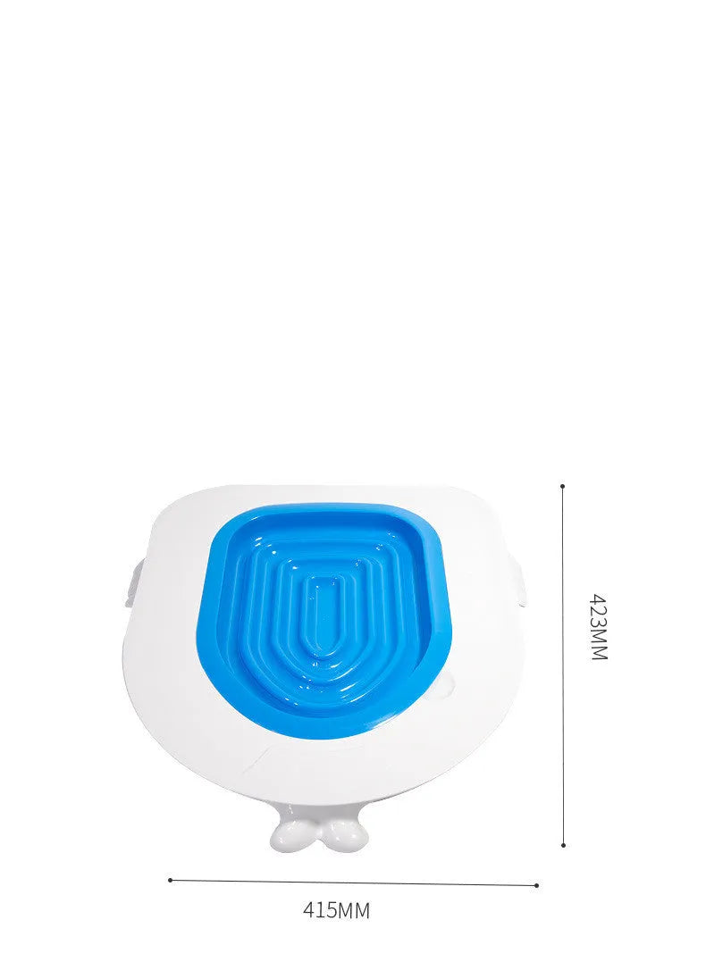 Blue PP cat toilet trainer measuring 415x423x420mm on a standard toilet seat