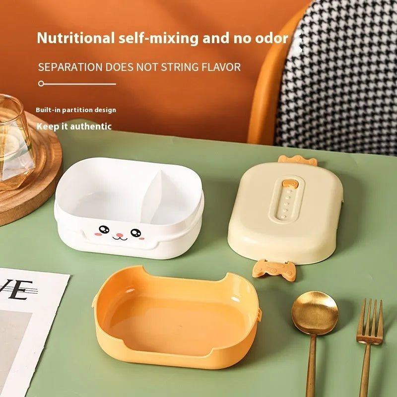 Portable divided plastic lunch box with square shape and cartoon styling in multiple colour options