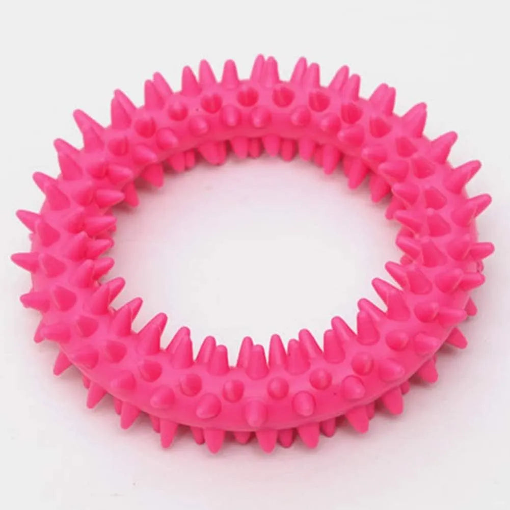 TPR spiky circle ring dog chew toy in assorted colours for dental cleaning and bite training