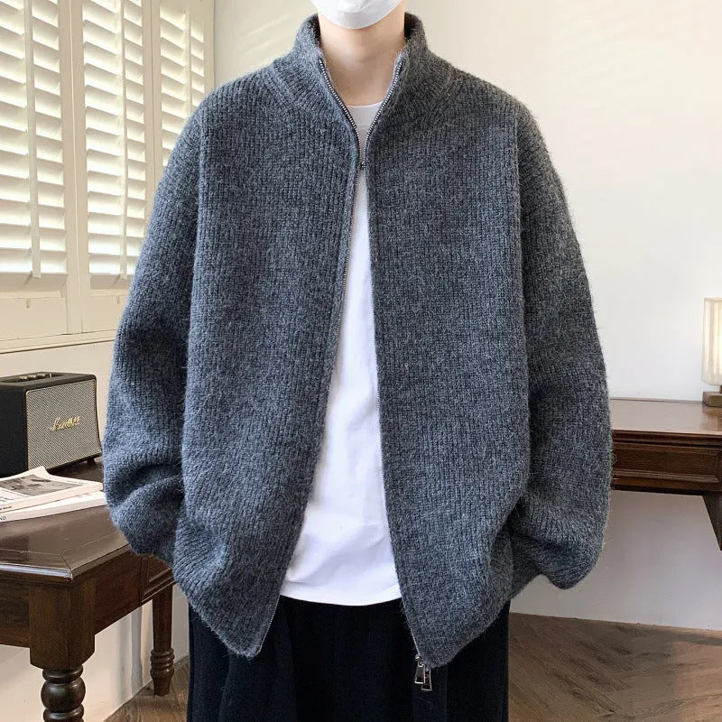 Men's casual stand collar cardigan sweater in beige, Vinylon fabric, loose fit, Asian sizing