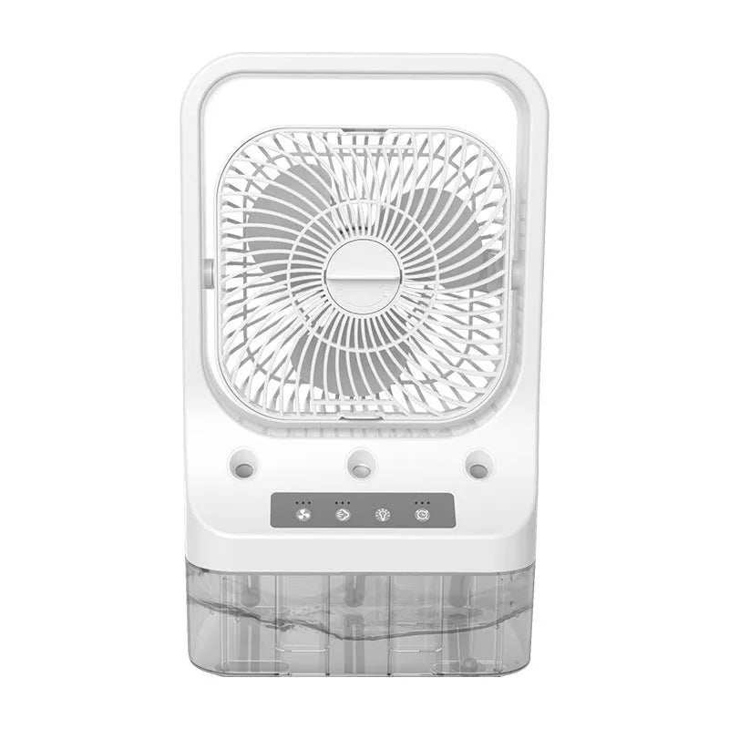 White USB rechargeable air cooler fan with water tank and adjustable head on table