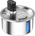 White stainless steel cat and dog water fountain with a constant temperature heating base on a table.