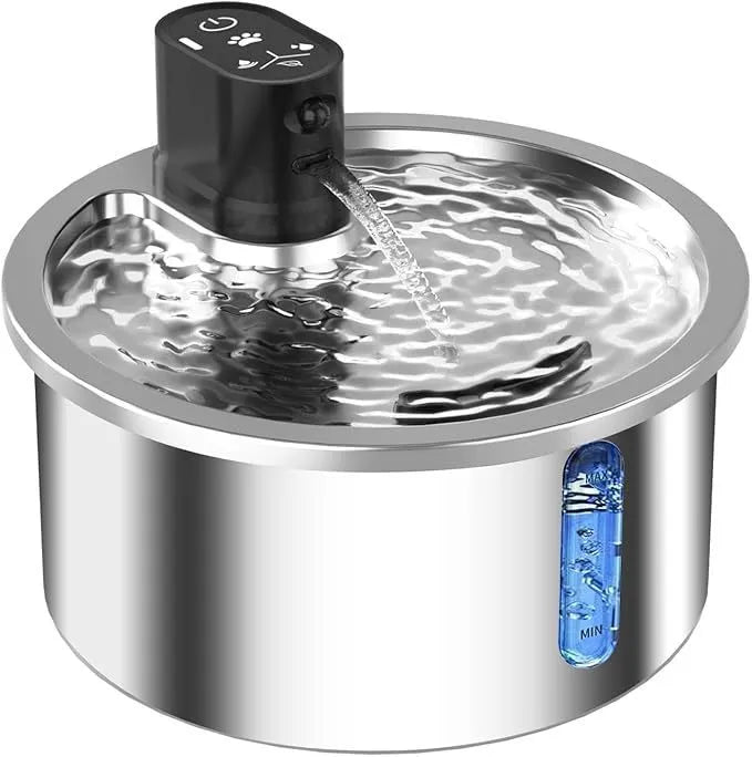 Stainless steel cat water fountain with white constant temperature base