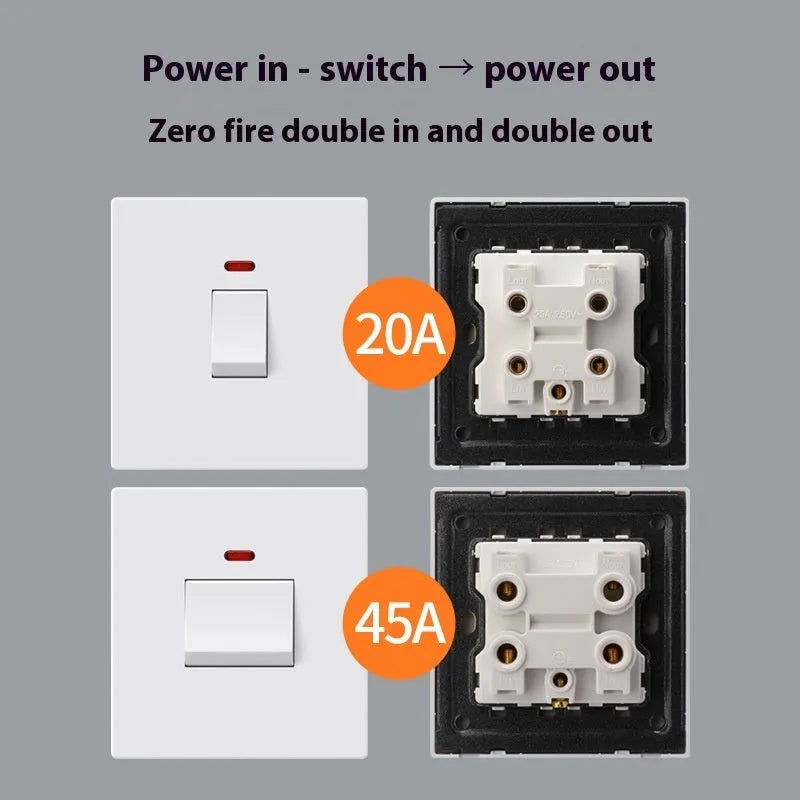 High-current double-break electrical switch with light panel in white finish, showing terminals.
