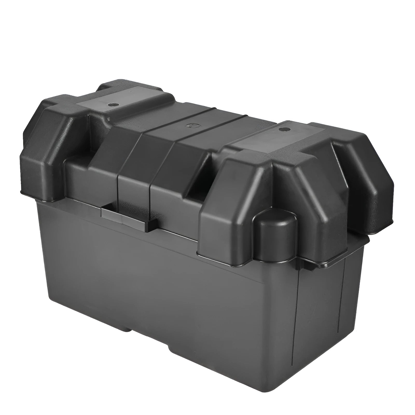Black battery storage box showing strap and screw fixing system with internal compartment