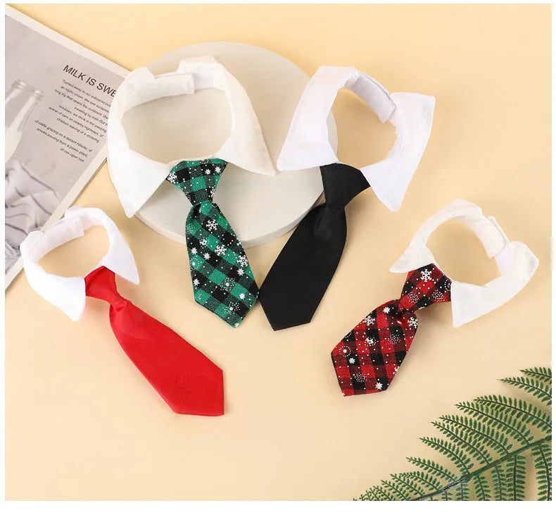 Adjustable Christmas dog necktie in red plaid with snowflake pattern, sized for small medium cats and dogs.