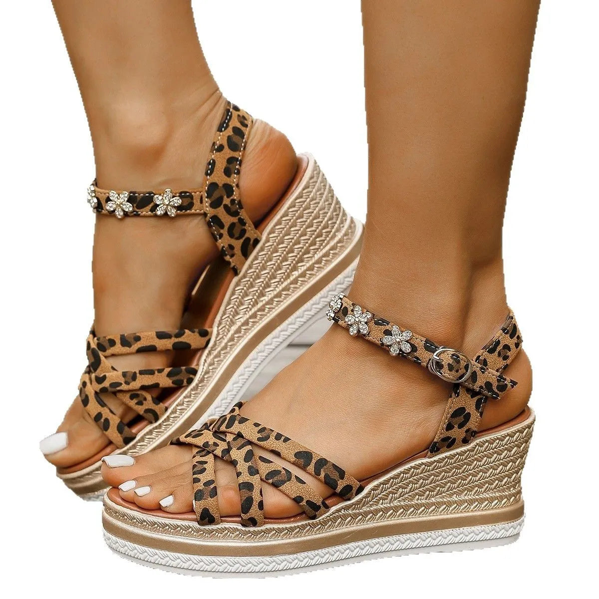 Light brown suede women's platform sandals with ankle buckle and open toe design