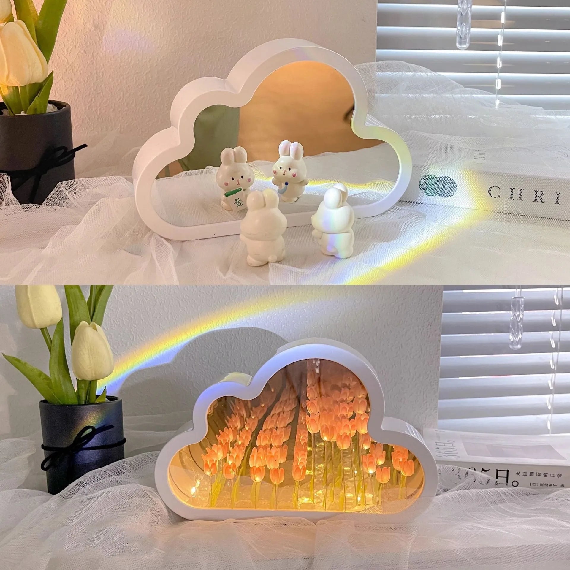 DIY cloud tulip decorative night lamp with LED lights and mirror surface for bedroom or desk