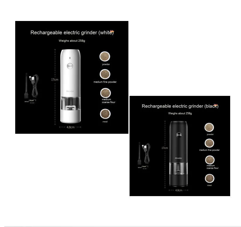 Rechargeable electric pepper and salt grinder set with clear acrylic body and ceramic grinding mechanism