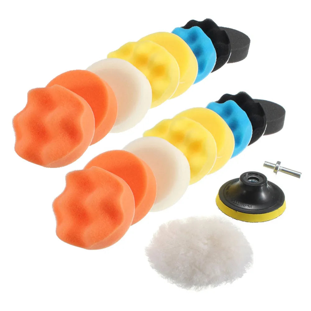 3 inch car polishing sponge set with five wave sponges, one wool pad, and M10 rubber pad