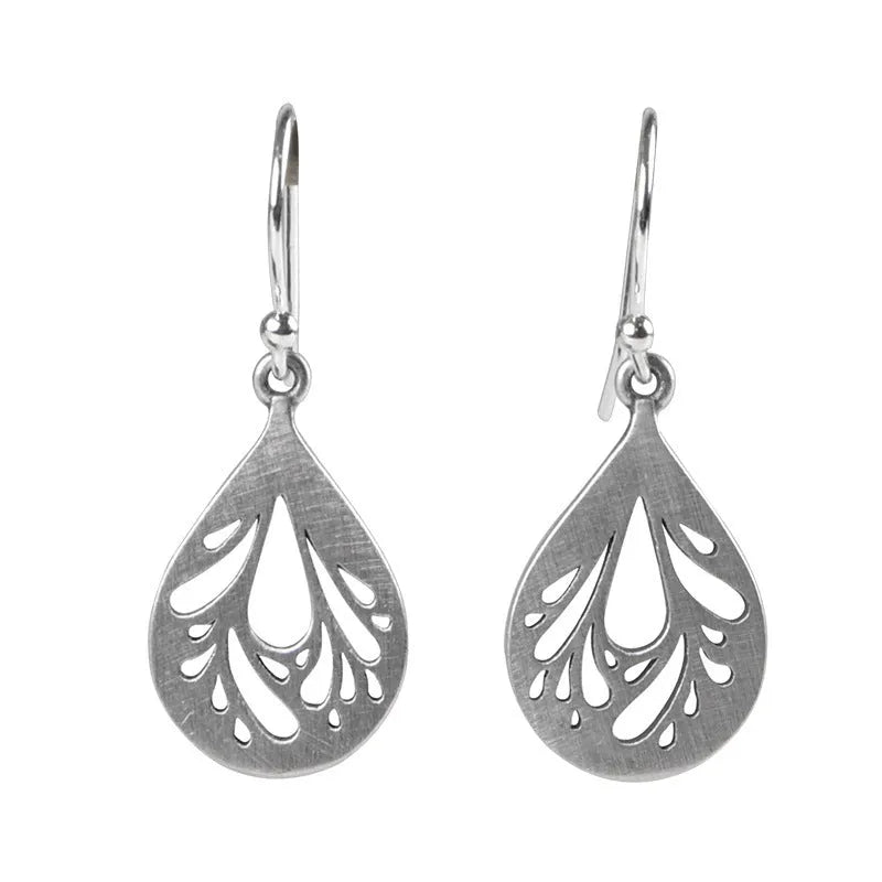 925 silver hollow water drop earrings with retro craft style and grinding finish