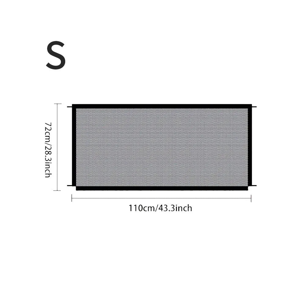 Foldable pet dog fence made of fibreglass mesh for indoor use, no drilling required, with hooks for doorway installation