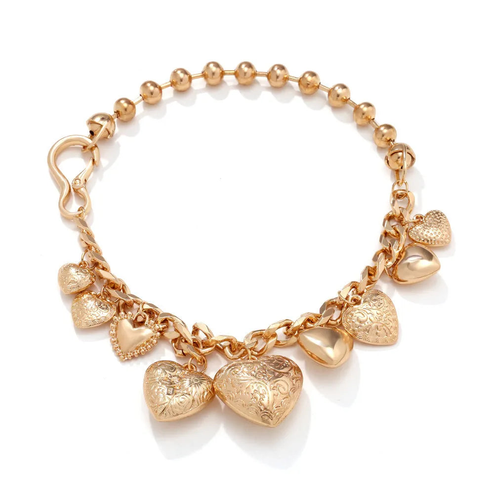 Gold alloy carved heart pendant necklace on adjustable metal chain