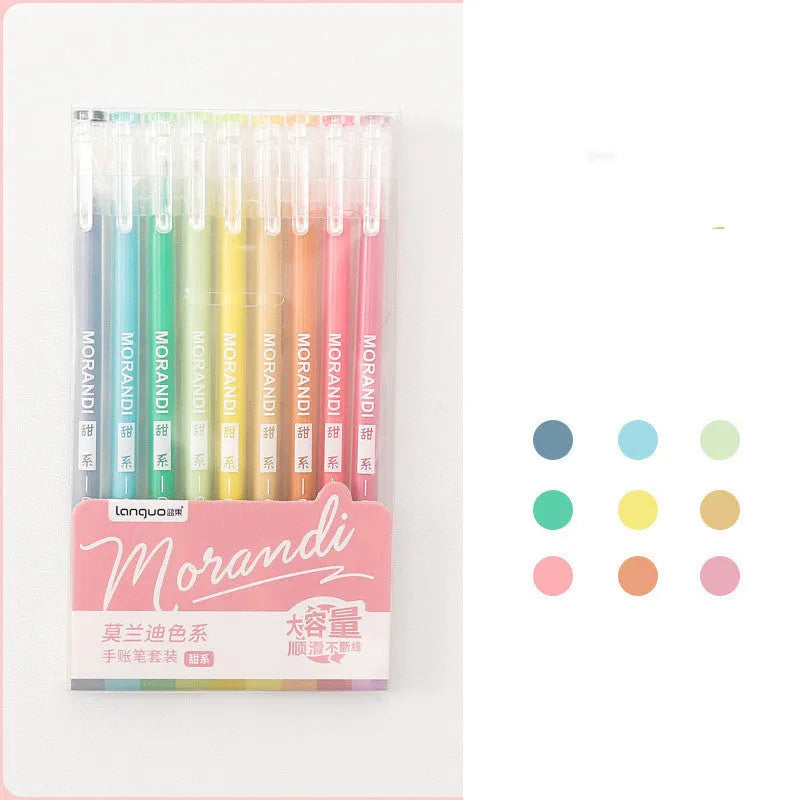 Nine Japanese gel pens in plastic case with 0.5mm needle tips in retro colour theme