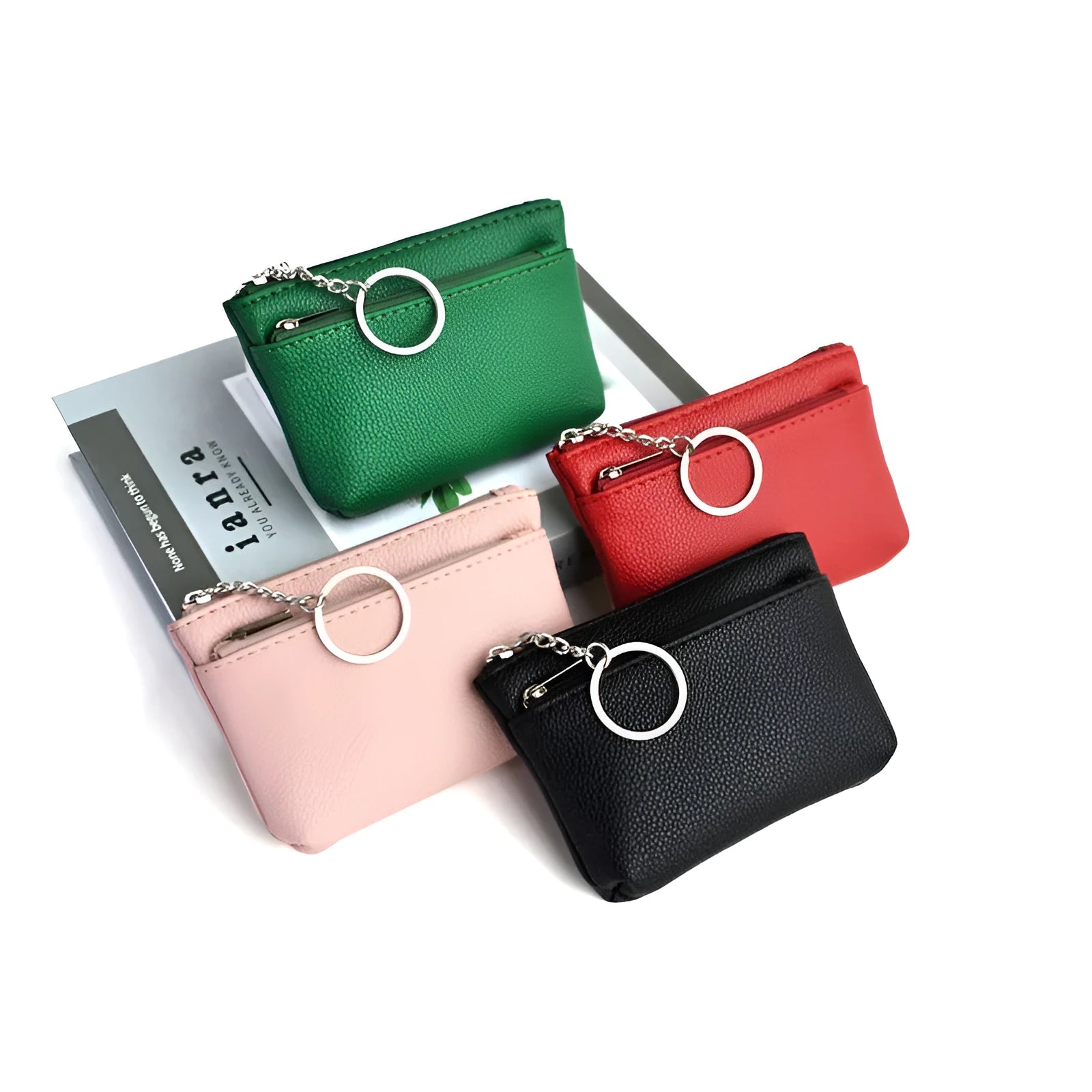 Women's Korean-style soft leather key wallet in solid colour with lychee grain texture, short length, and ID card slot
