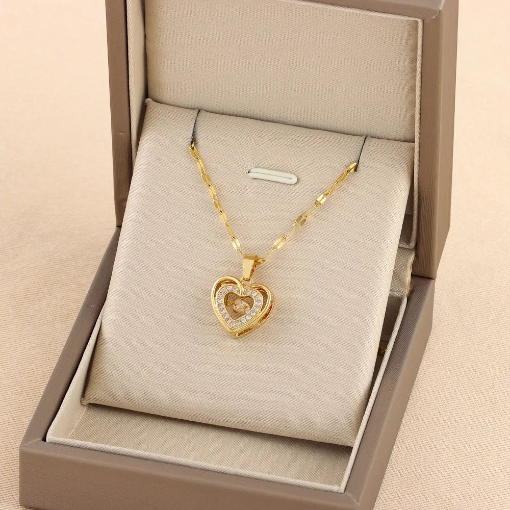 Double-layer titanium steel love necklace with rhinestone heart pendant on woman