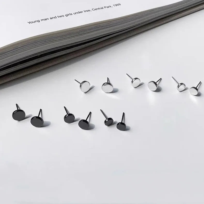 S999 sterling silver round flat ear bone studs in black and silver finishes, showing 3mm to 8mm size range
