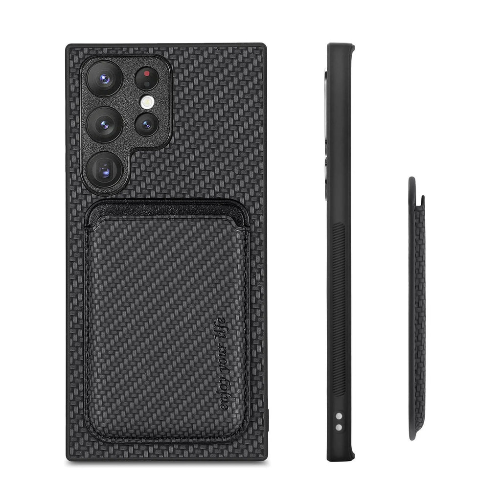 Samsung phone case with two-in-one suction Magsafe card holder in leather finish, black colour, side view
