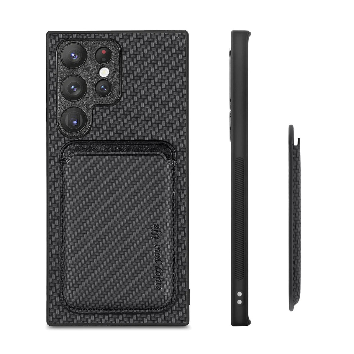 Samsung phone case with two-in-one suction Magsafe card holder in leather finish, black colour, side view