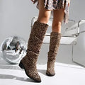 Brown leopard print women's winter boots with a chunky square toe and mid-height heel on a white background.