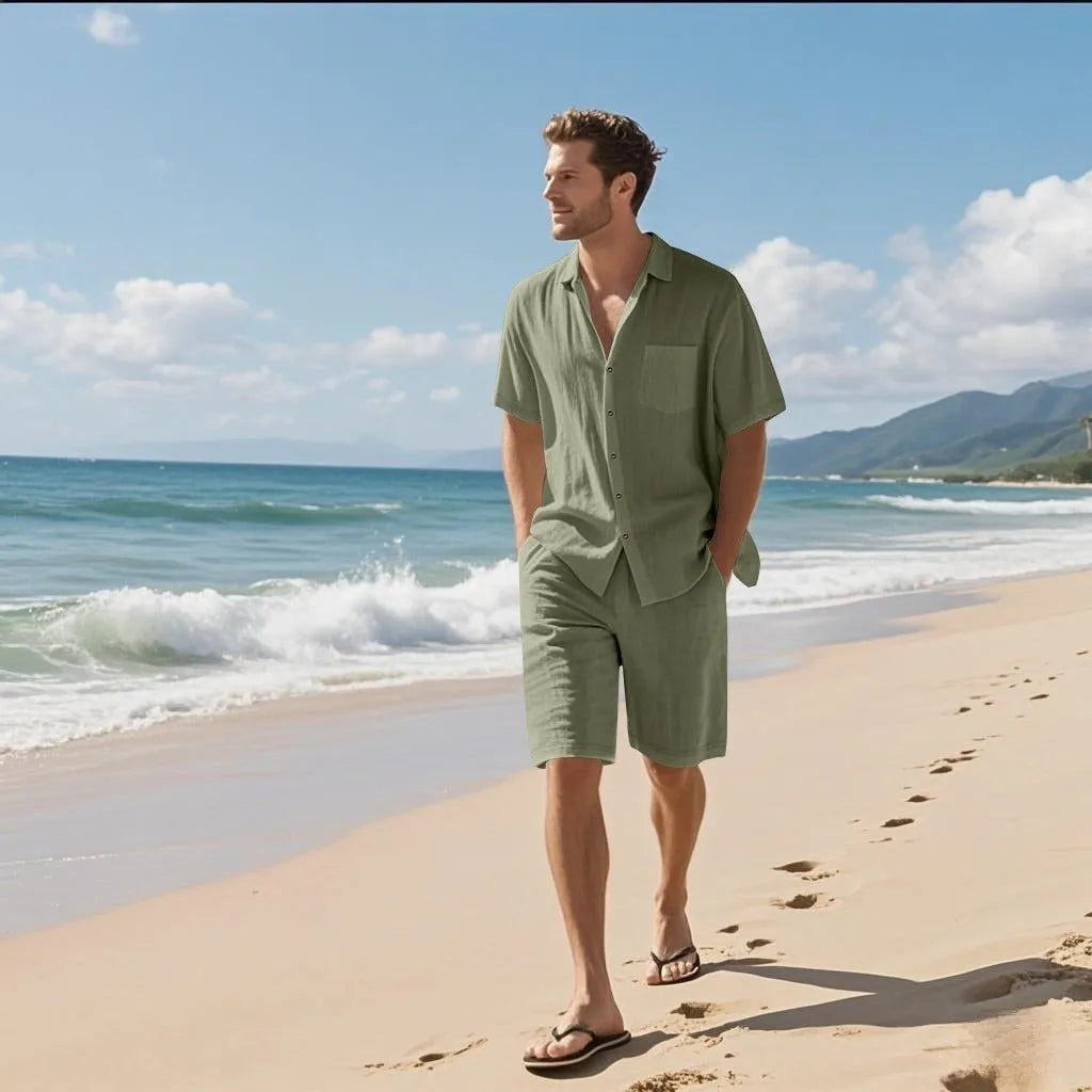 Men's linen blend short sleeve beach shirt and matching shorts in a light blue colour.