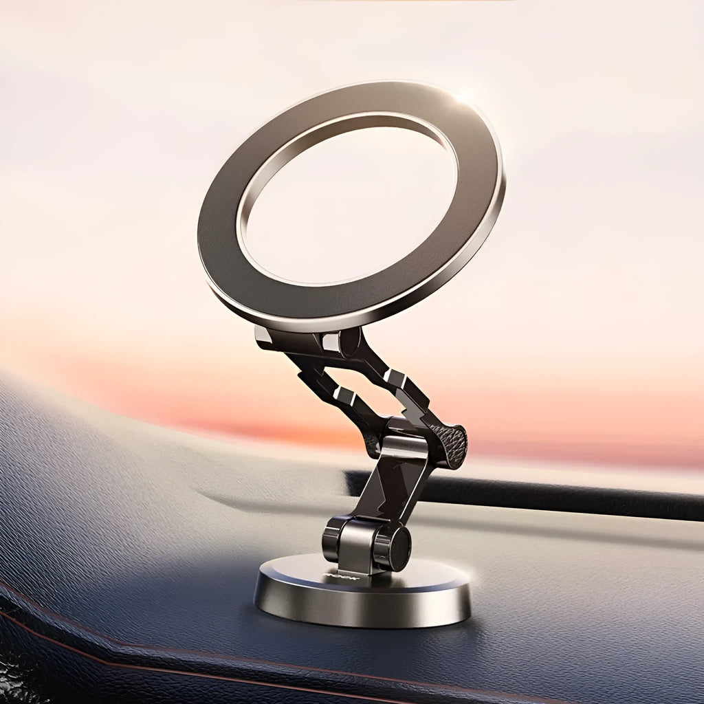 Car magnetic foldable metal bracket in black mounted on dashboard with phone attached
