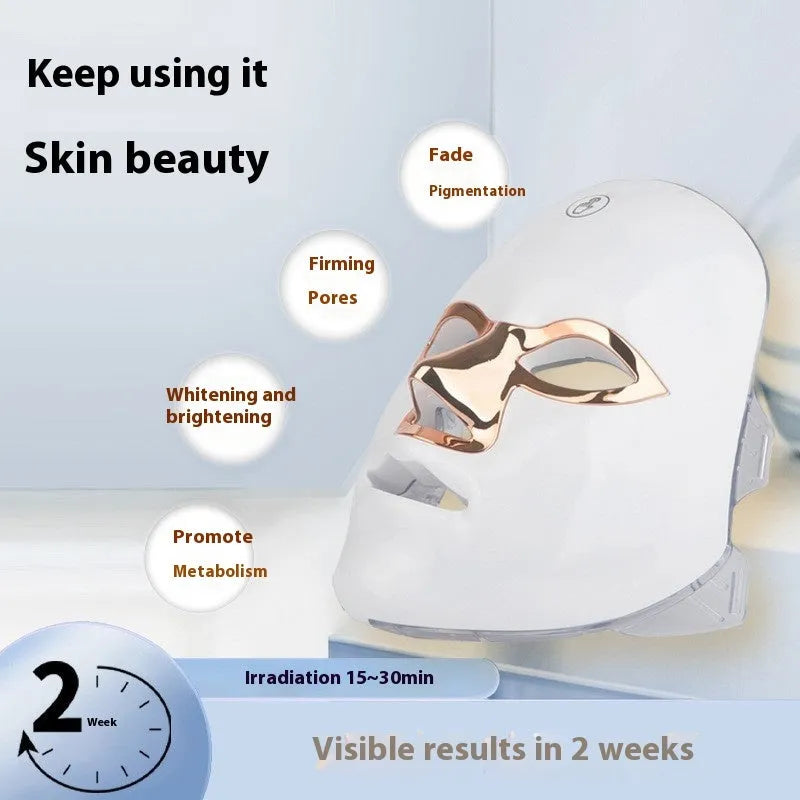 Rechargeable manual touch LED beauty mask in black, white, or rose gold accents on a white background