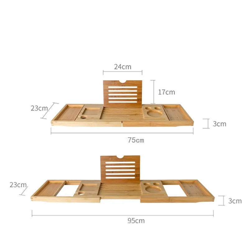 Bamboo retractable bathtub storage rack with single layer and European style finish on a white bathtub