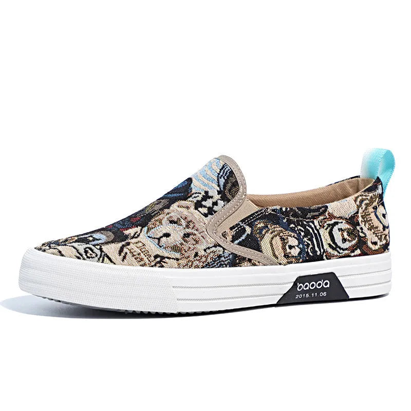 Khaki coloured canvas low-top slip-on sneakers with vulcanised rubber soles and a round toe.