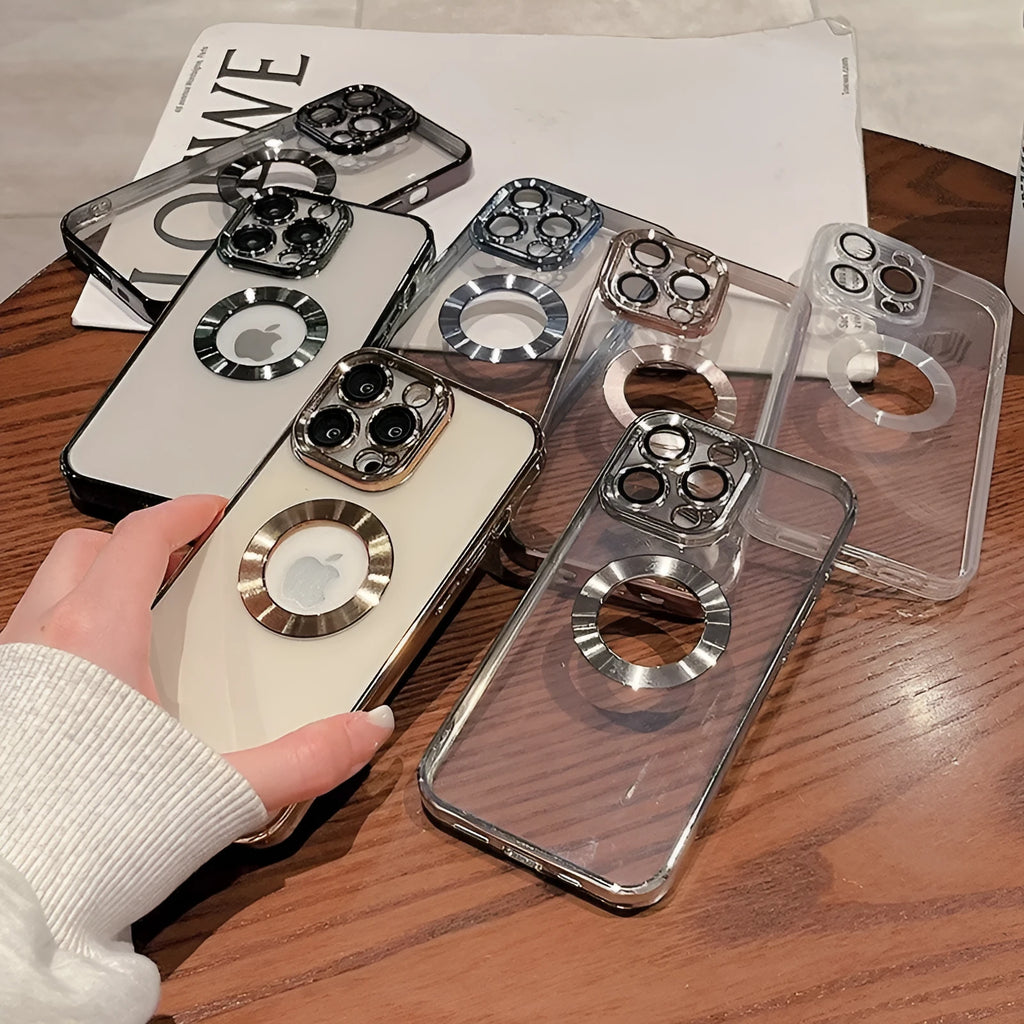 Transparent electroplated silicone iPhone case with built-in camera lens protector in multiple colour options.