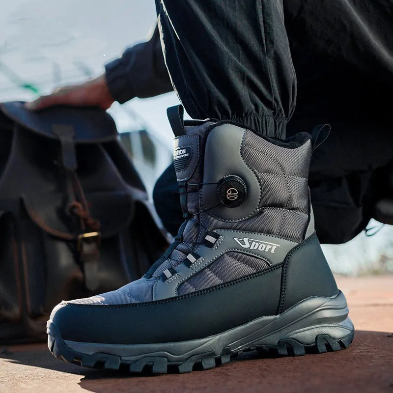 Men's fleece-lined snow boots in black with non-slip EVA sole on white background