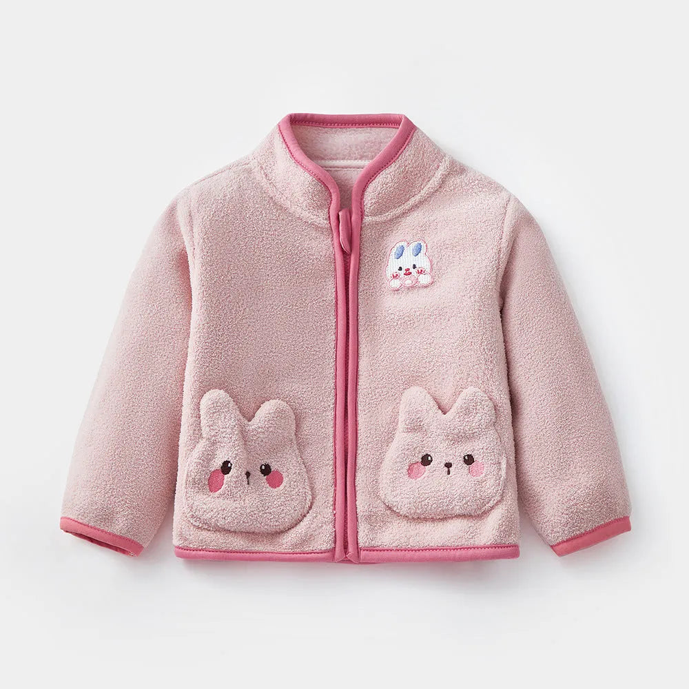 Girls autumn winter fleece rabbit coat in pink with velvet fabric, fur lining, and front zipper