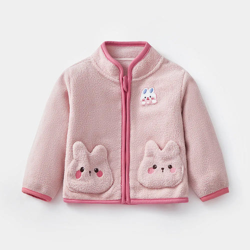 Girls autumn winter fleece rabbit coat in pink with velvet fabric, fur lining, and front zipper
