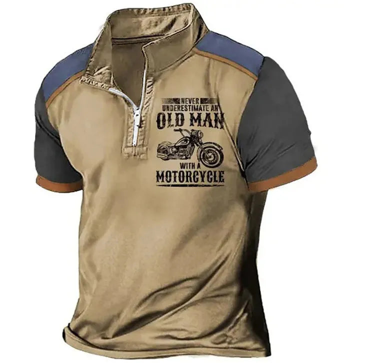Men's casual lapel polo shirt with digital letter print and zipper decoration detail on sleeve.