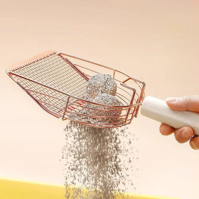 Stainless steel cat litter shovel with a long wooden handle for scooping pet waste.