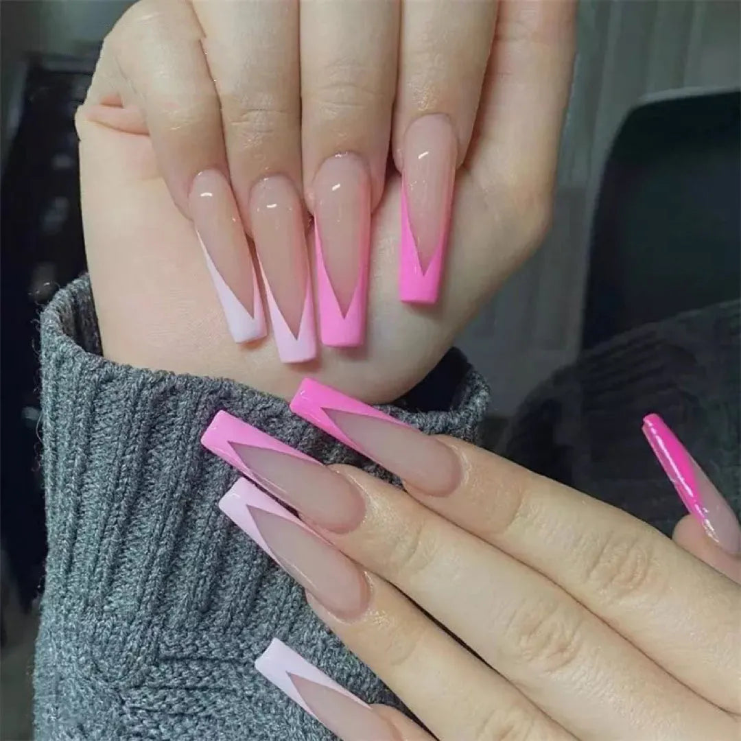 French European long ballet fake nails in W018 Pink French Glue colour with glue for manicure