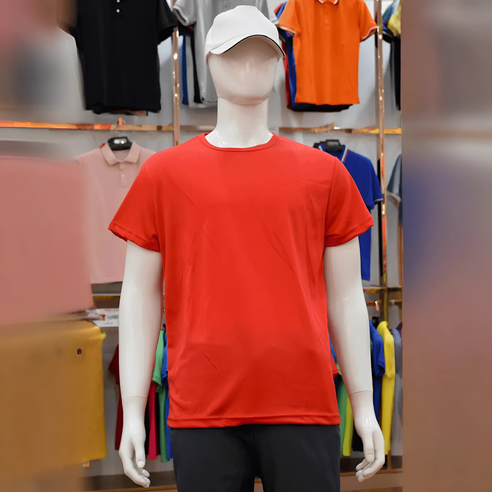 Short-sleeved slim fit round neck T-shirt in a bright colour on a hanger