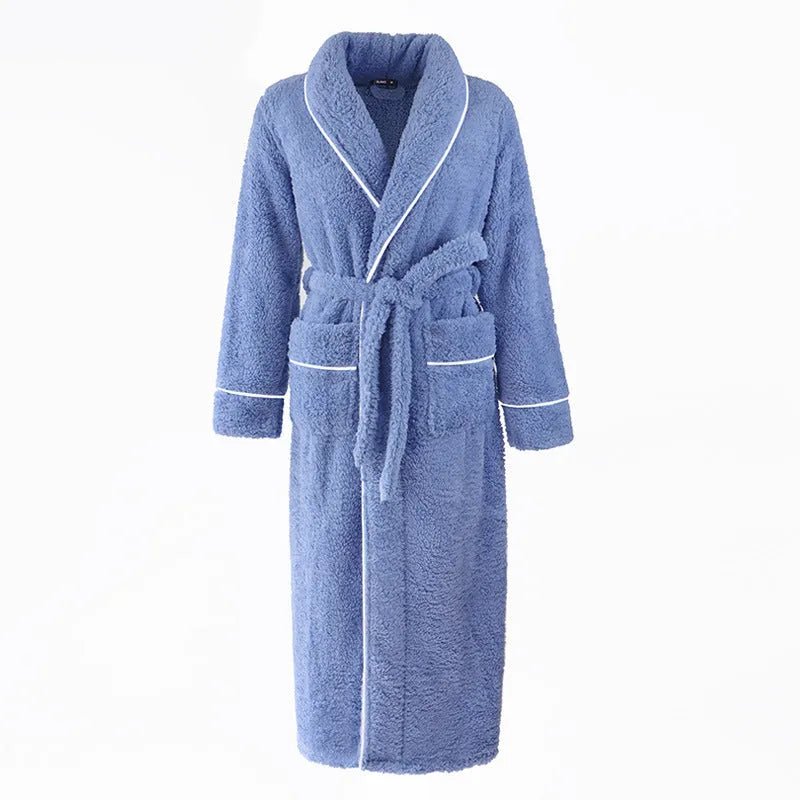 Super thick flannel couple's bathrobe in navy blue, shown on a hanger.