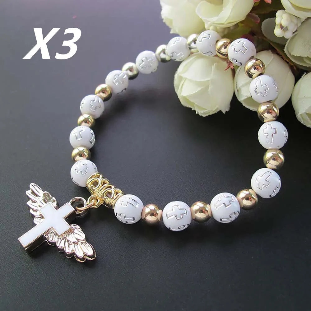 Bronzing acrylic cross bead bracelet with 8mm oil drop beads on white background