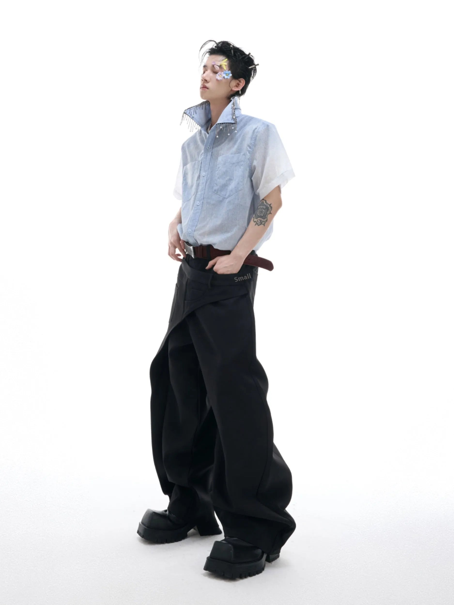 Blue and white gradient short-sleeve loose-fitting shirt for summer casual wear.