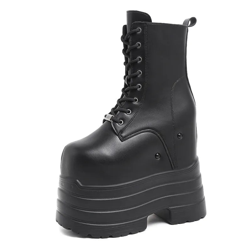 Height-increasing martin boots with thick platform sole, block heel, front lacing, round toe, black colour