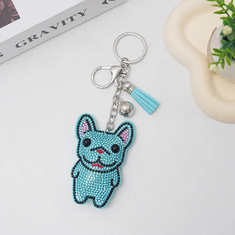 French dog cartoon animal rhinestone keychain with alloy construction measuring 5-7cm