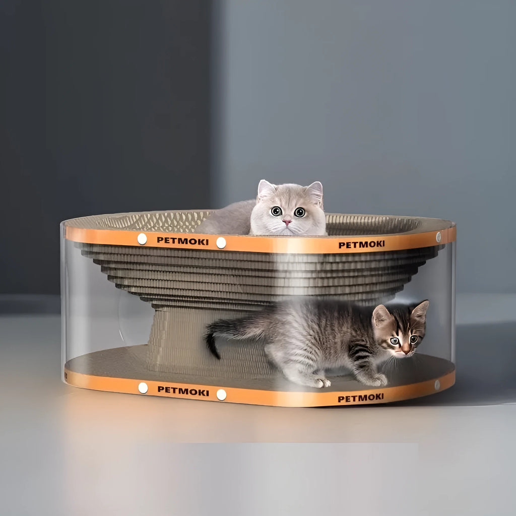 White transparent diamond pattern cat scratch board with integrated tunnel nest, shown from the side.
