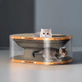 White transparent diamond pattern cat scratch board with integrated tunnel nest, shown from the side.