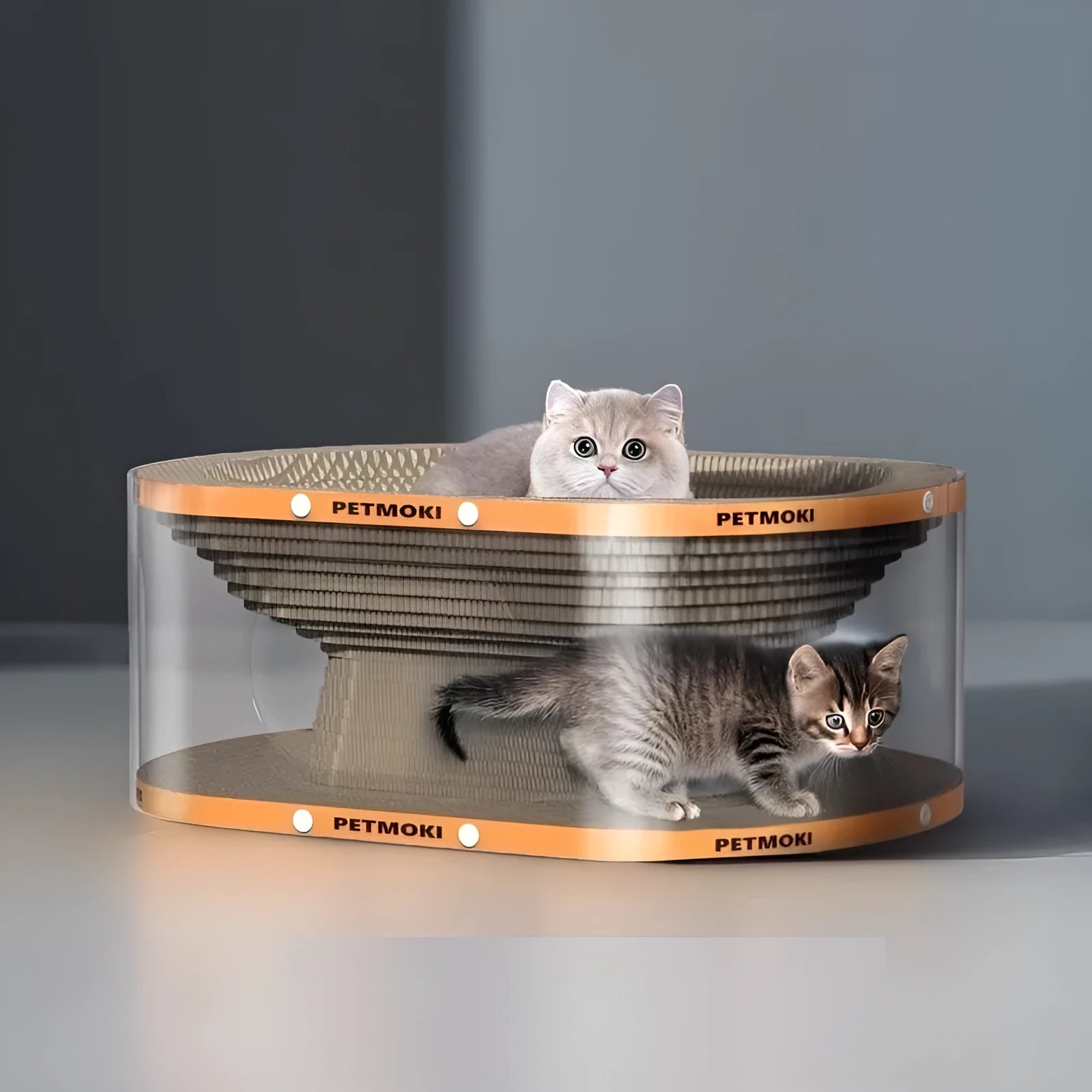 White transparent diamond pattern cat scratch board with integrated tunnel nest, shown from the side.
